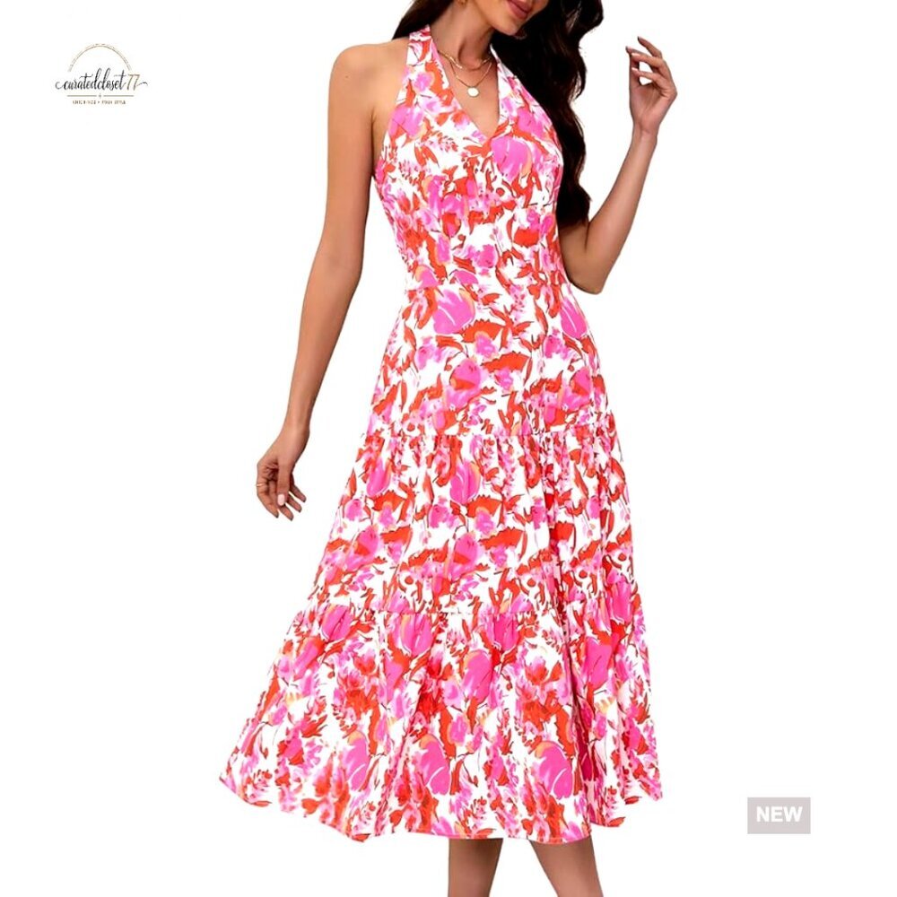 Summer Maxi Dress Halter Spaghetti Strap Tiered Flowy Beach Sundress